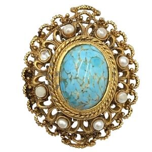 Vtg AAI Turquoise Cabochon Filigree Brooch Faux Pearl Victorian Revival